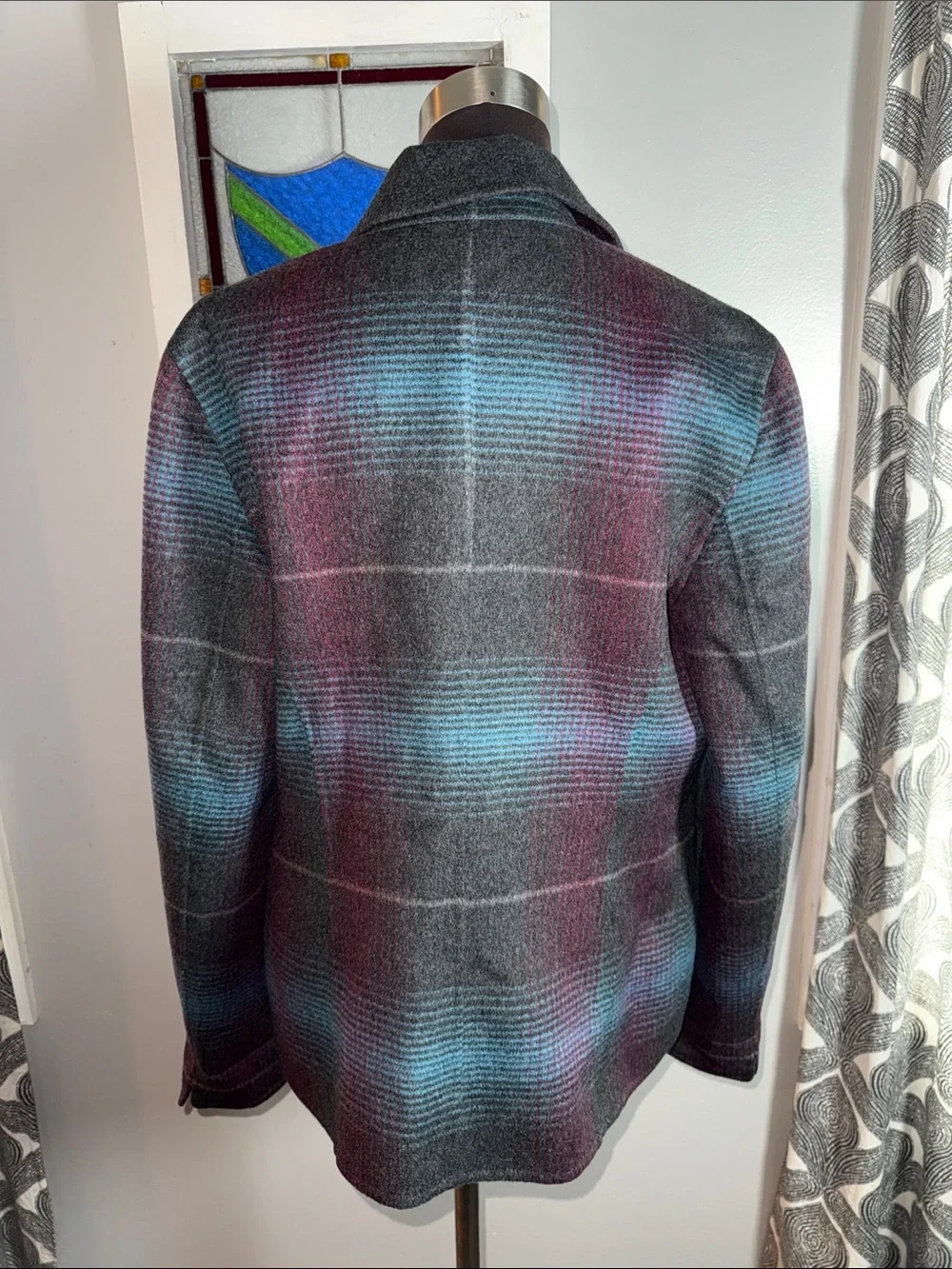ESCADA 100% Cashmere Plaid Blazer Jacket Gray Burgundy Blue Ombre Vintage